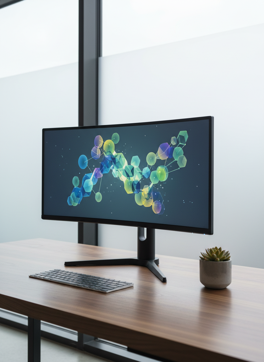 A curved, ultra-wide monitor on a minimalist black stand shows a stylized, colorful visualization of social connection as interlocking geometric forms, suggesting community wellbeing and psychological support. The monitor rests on a spacious walnut workstation with a slim wireless keyboard and a small, thriving desk plant in a concrete pot. Soft, overcast daylight diffuses through frosted glass behind the setup, eliminating harsh contrasts while creating delicate reflections on the screen’s surface. Photographic realism, composed using the rule of thirds from a slightly elevated angle to emphasize open space and clarity. The atmosphere feels balanced, thoughtful, and trustworthy, illustrating psychosocial tech as a clear, structured way to understand and nurture emotional and social health.
