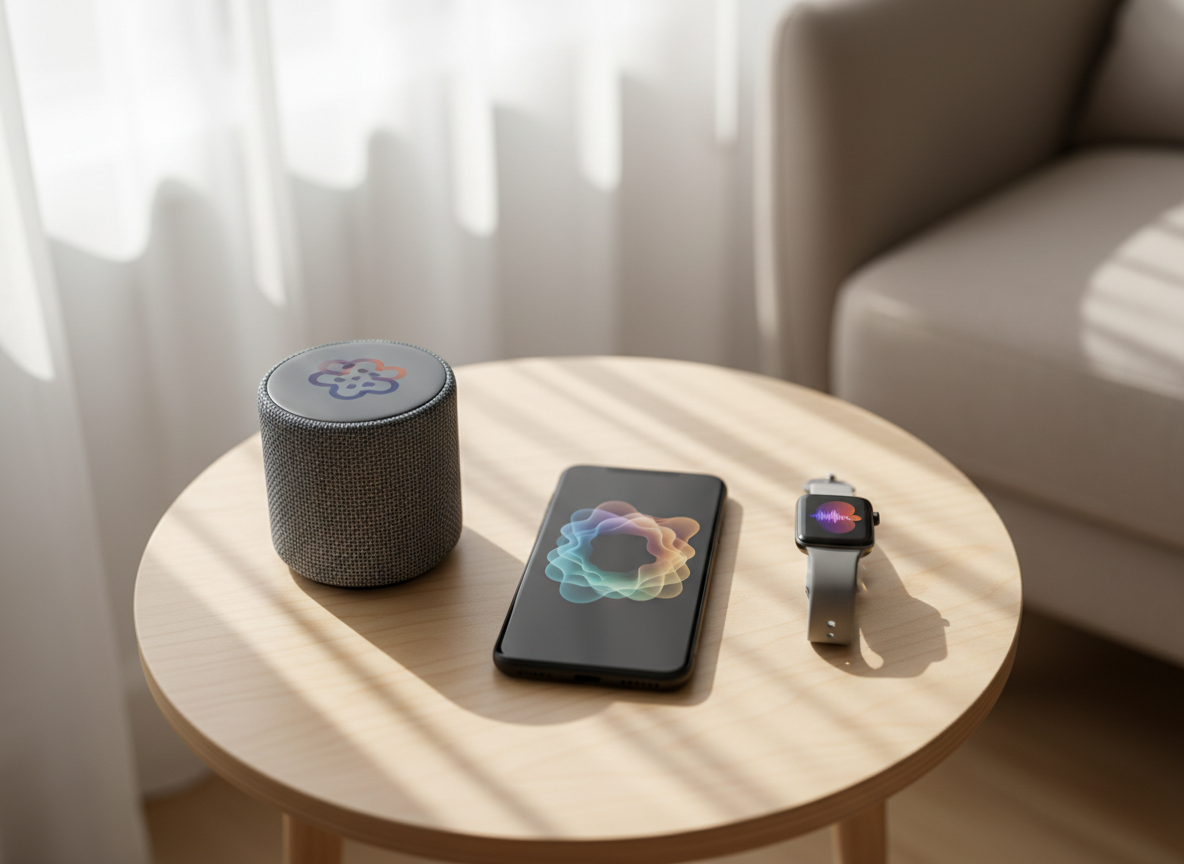 A cluster of smart devices—an elegant matte-black smartphone, a slim smartwatch with a soft silicone band, and a compact smart speaker with woven fabric texture—rests on a round, pale birch side table beside a cozy armchair. Each device shows subtle, icon-based visualizations of mood and social interaction, carefully abstracted with shapes and colors, no text or faces. Early-morning sunlight filters through sheer curtains, casting dappled patterns across the table and highlighting the devices’ contours. Photographic realism, shot from a three-quarter top-down angle with gentle bokeh on the armchair and room beyond. The mood is intimate yet professional, hinting that psychosocial technology quietly integrates into everyday life, supporting emotional and social wellbeing in the background.
