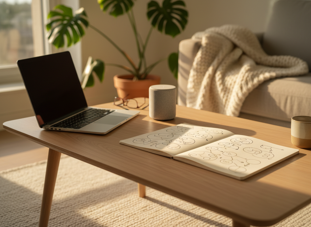 A comfortable living room scene centers on a low, ash-wood coffee table holding a slim laptop, a small fabric-covered smart hub, and a notebook open to hand-drawn diagrams of overlapping circles and arrows, symbolizing social and emotional dynamics without text. A large, leafy plant and a softly textured throw blanket are visible in the softly blurred background. Warm golden-hour sunlight pours in from the side, wrapping the objects in a gentle glow and creating long, soft-edged shadows. Photographic realism, framed at coffee-table height with a shallow depth of field that makes the digital devices and analog notes feel equally important. The mood is grounded, approachable, and optimistic, showing psychosocial technology as something that fits naturally into everyday, emotionally healthy home life.
