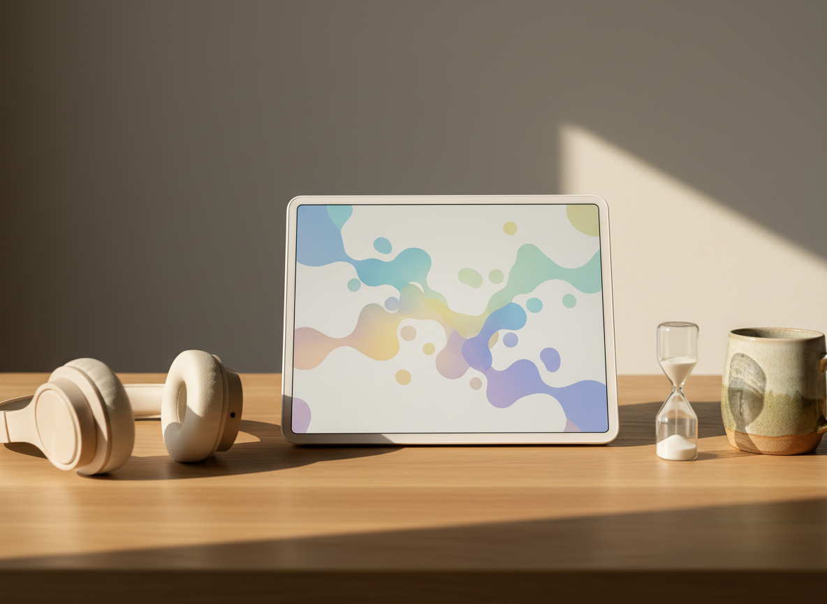 A sleek, matte-white tablet lies on a light oak desk, its screen displaying an abstract, softly colored network of interconnected shapes suggesting emotional, social, and psychological data without using text. Around it sit a pair of over-ear headphones, a small sand timer, and a ceramic mug with subtle glaze, all meticulously arranged. Late-afternoon natural light streams through an unseen window, creating gentle highlights on the tablet’s edge and soft shadows across the desk. Photographic realism, shot at eye level with a shallow depth of field so the interface glows in crisp focus while the surroundings blur slightly. The mood is calm, professional, and reassuring, conveying psychosocial technology as warm, human-centered support rather than cold machinery.