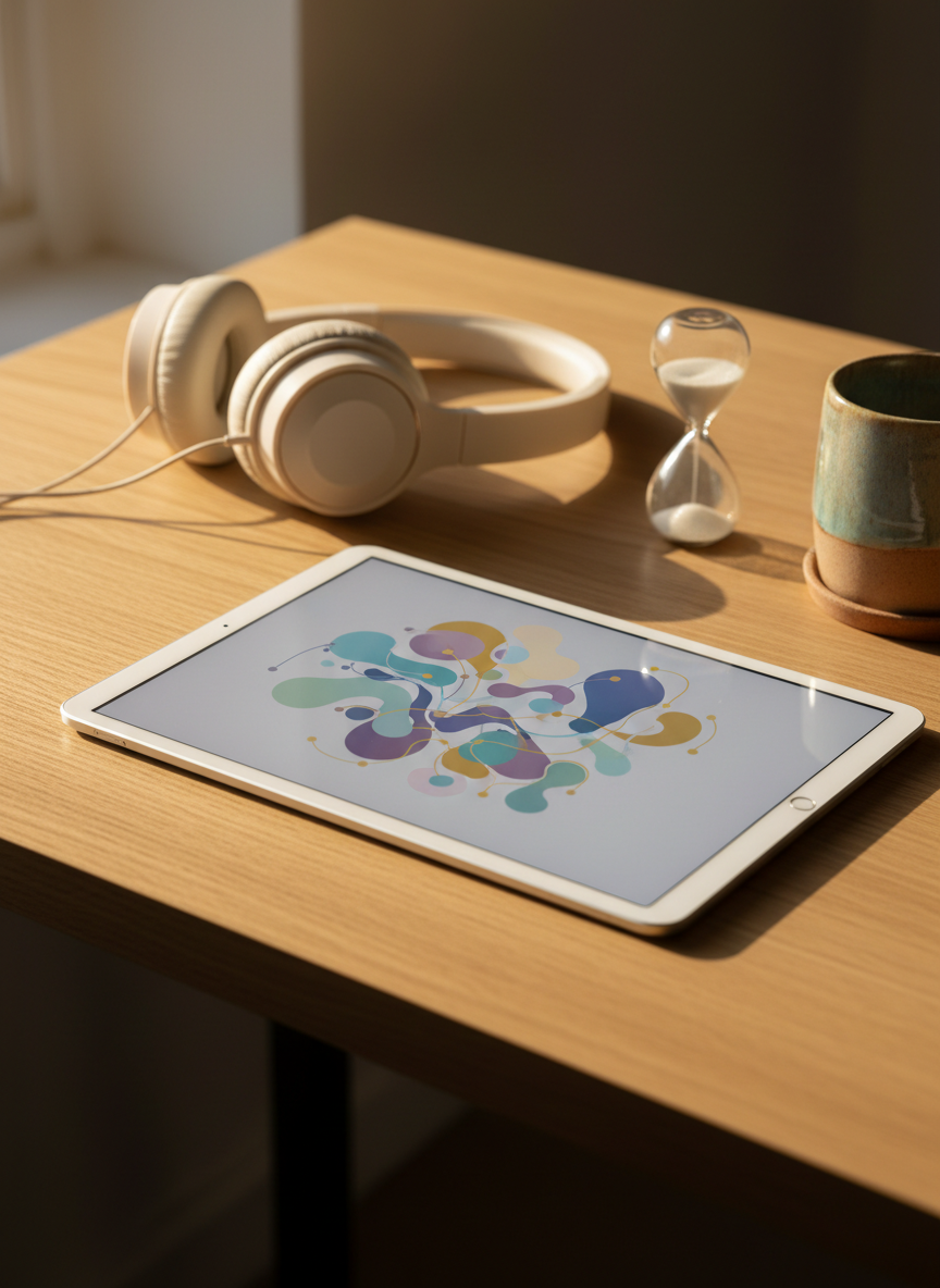 A sleek, matte-white tablet lies on a light oak desk, its screen displaying an abstract, softly colored network of interconnected shapes suggesting emotional, social, and psychological data without using text. Around it sit a pair of over-ear headphones, a small sand timer, and a ceramic mug with subtle glaze, all meticulously arranged. Late-afternoon natural light streams through an unseen window, creating gentle highlights on the tablet’s edge and soft shadows across the desk. Photographic realism, shot at eye level with a shallow depth of field so the interface glows in crisp focus while the surroundings blur slightly. The mood is calm, professional, and reassuring, conveying psychosocial technology as warm, human-centered support rather than cold machinery.