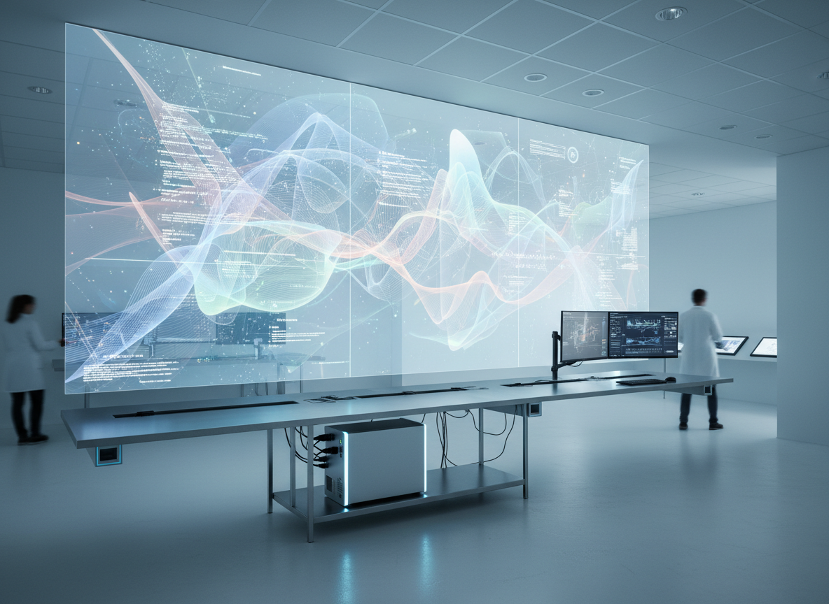Inside a modern research lab, a large transparent wall display hovers above a sleek workstation, showing intricate, non-figurative patterns that represent psychological resilience, social networks, and emotional trends through gradients and flowing lines. Beneath it, a powerful but understated workstation tower with subtle LED accents sits on a steel shelf, cables neatly routed. Cool, even ceiling lighting combines with a soft glow from the display, creating a clean, clinical yet hopeful ambiance. Photographic realism, captured from an eye-level, slightly wide-angle perspective to show the scale of the data wall and surrounding environment. The composition feels precise and analytical but not sterile, embodying psychosocial tech as rigorous science focused on real-world human wellbeing.